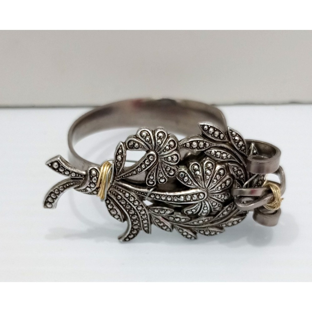 Chico's Fork  "MissionPS.com" Silver Tone Floral‎ Cuff Bracelet